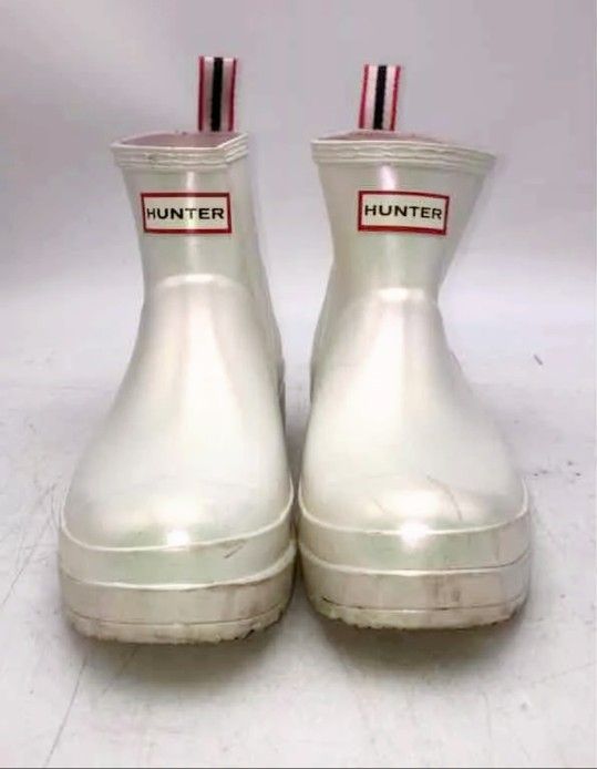 Hunter Womens White Iridescent Galoshes Pull-On Ankle Rain Rubber Boots Size 8