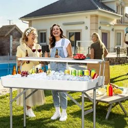 Ice Cooler Table with Drain, Two-Tier Plastic Folding Tables, with Removable Matching Skirt and Shelf, Indoor Outdoor Use for Party Camping Picnic Fis