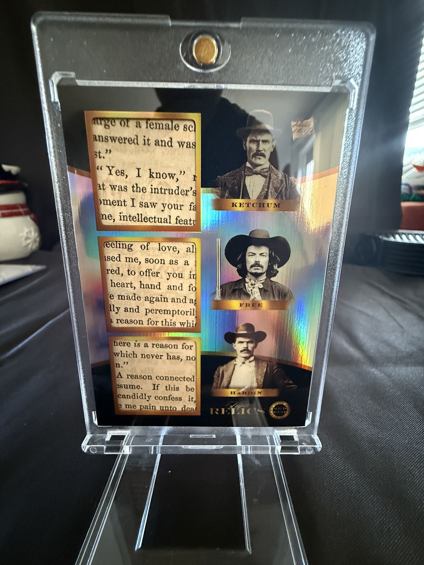 Wild West TRIPLE Relic pieces of the past trading card featuring famous outlaws Tom "Black Jack" Ketchum, Billy "The Kid" Free, and John Wesley Harden