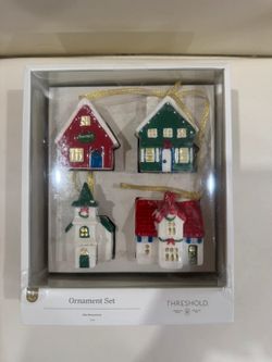Set of 4 Painted Ceramic Village Christmas Ornaments