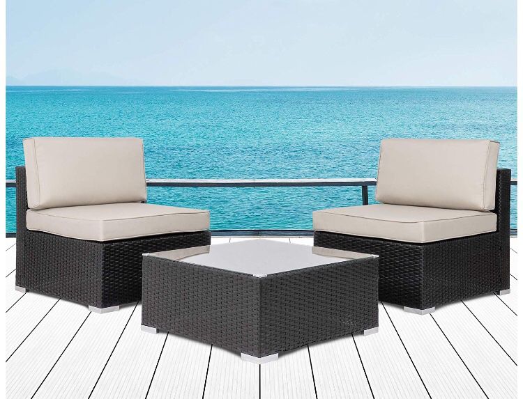 Brand new ~ 3 Pieces Patio Set Outdoor Wicker Patio Furniture Sets Modern Rocking Bistro Set Rattan Chair Conversation Sets with Coffee Table (Brown