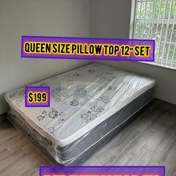 Queen mattress pillow top set with box spring (2pc - new)