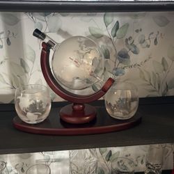 Globe Whiskey Decanter With Two Glasses