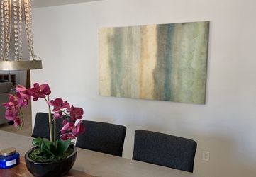 Large wall hanging painting - yellow green teal blue gray