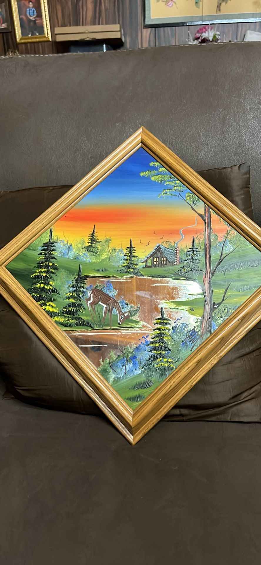 Unique Art Hand Painted Florest Cabin Deer On Glass Gorgeous