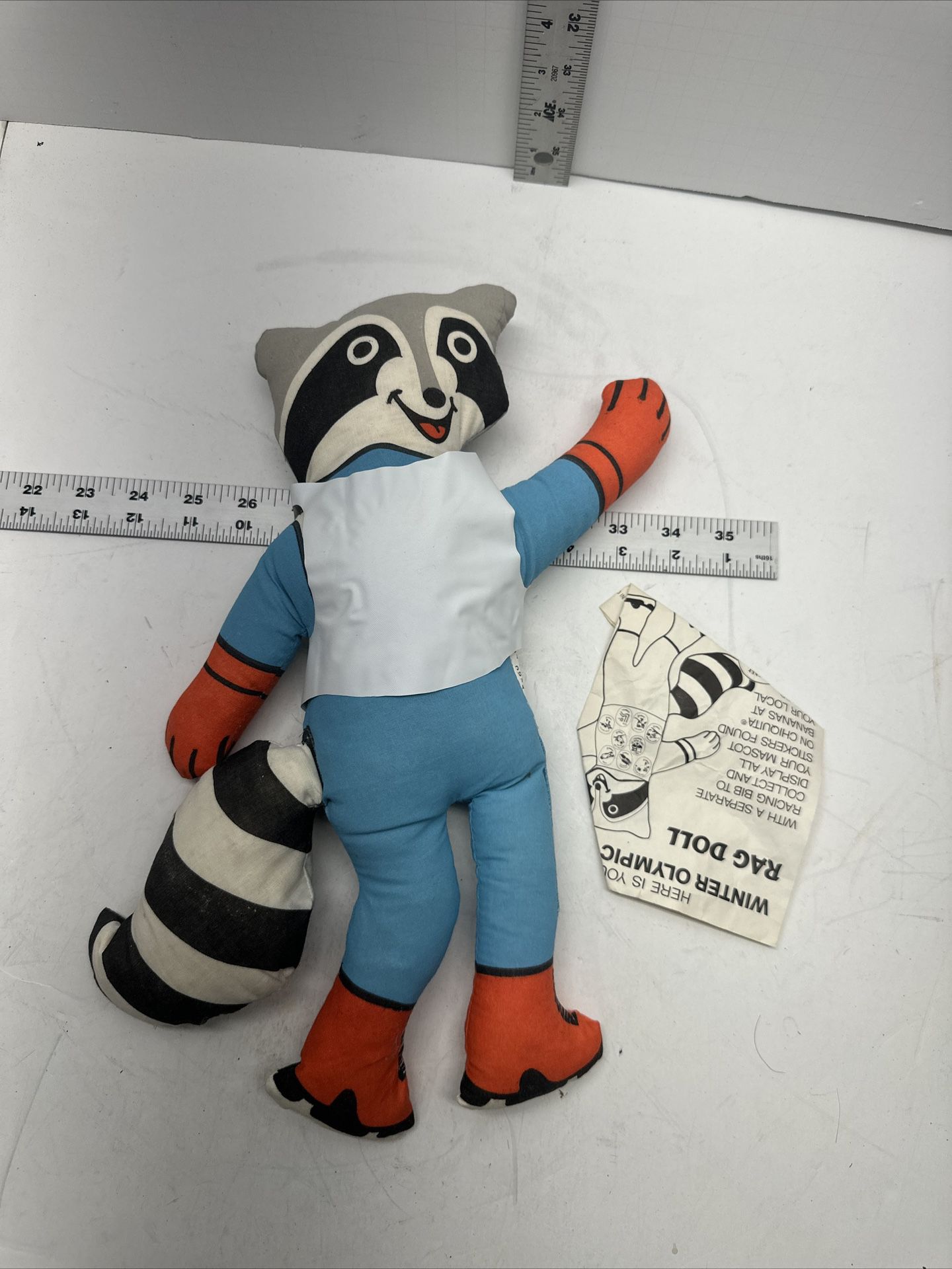 Vintage Chiquita 1980 Olympic 15” Roni Raccoon Stuffed Animal with Papers