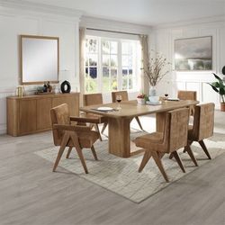 RETRO MODERN 7 PIECE DINING TABLE SET CHCOLATE CHENILLE / OAK FINISH