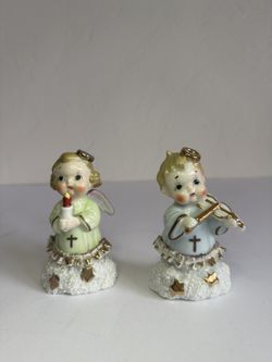 Vintage Porcelain Christmas Angels - Set of 2 Holiday Figurines with Gold Accents