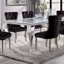 Brand New Glam White Black Chrome Stainless Steel 7pc Dining Table Set
