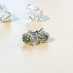 Green Sapphire And Diamond Stud Earrings 14K White Gold