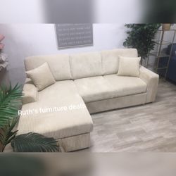 Beige Corduroy Fabric Sectional Sofa Pull Out With Storage