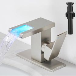 LED Waterfall Bathroom Faucet Brushed Nickel, Single Handle Bathroom Sink Faucet 1 Hole, 3 Colors Light Changing, with Pop-up Drain