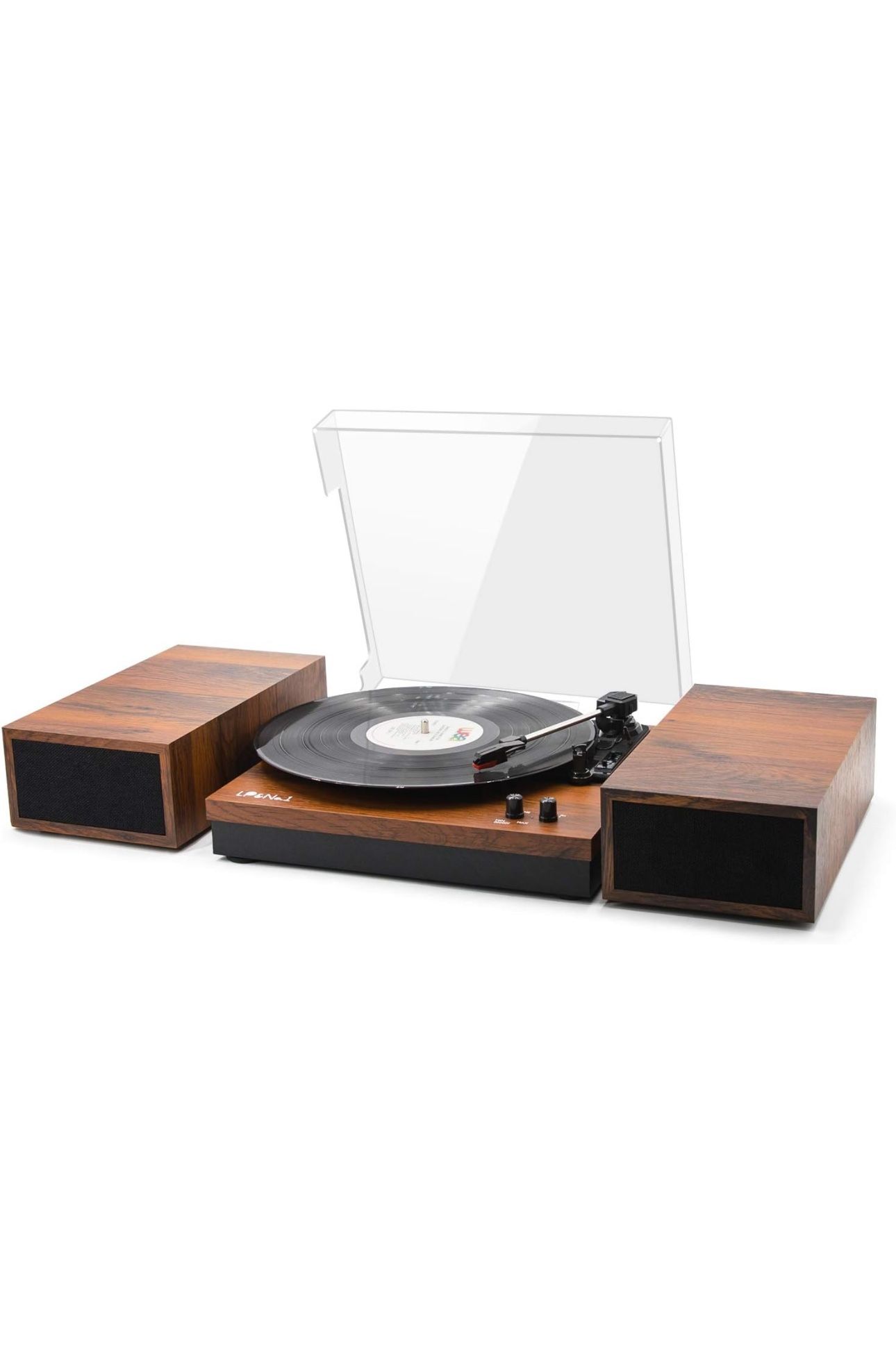 LP&No.1 Wireless Vintage Record Player with Dual External Speakers,Wireless Turntable with RCA Output & Wireless Input,Mahogany Brown Wood