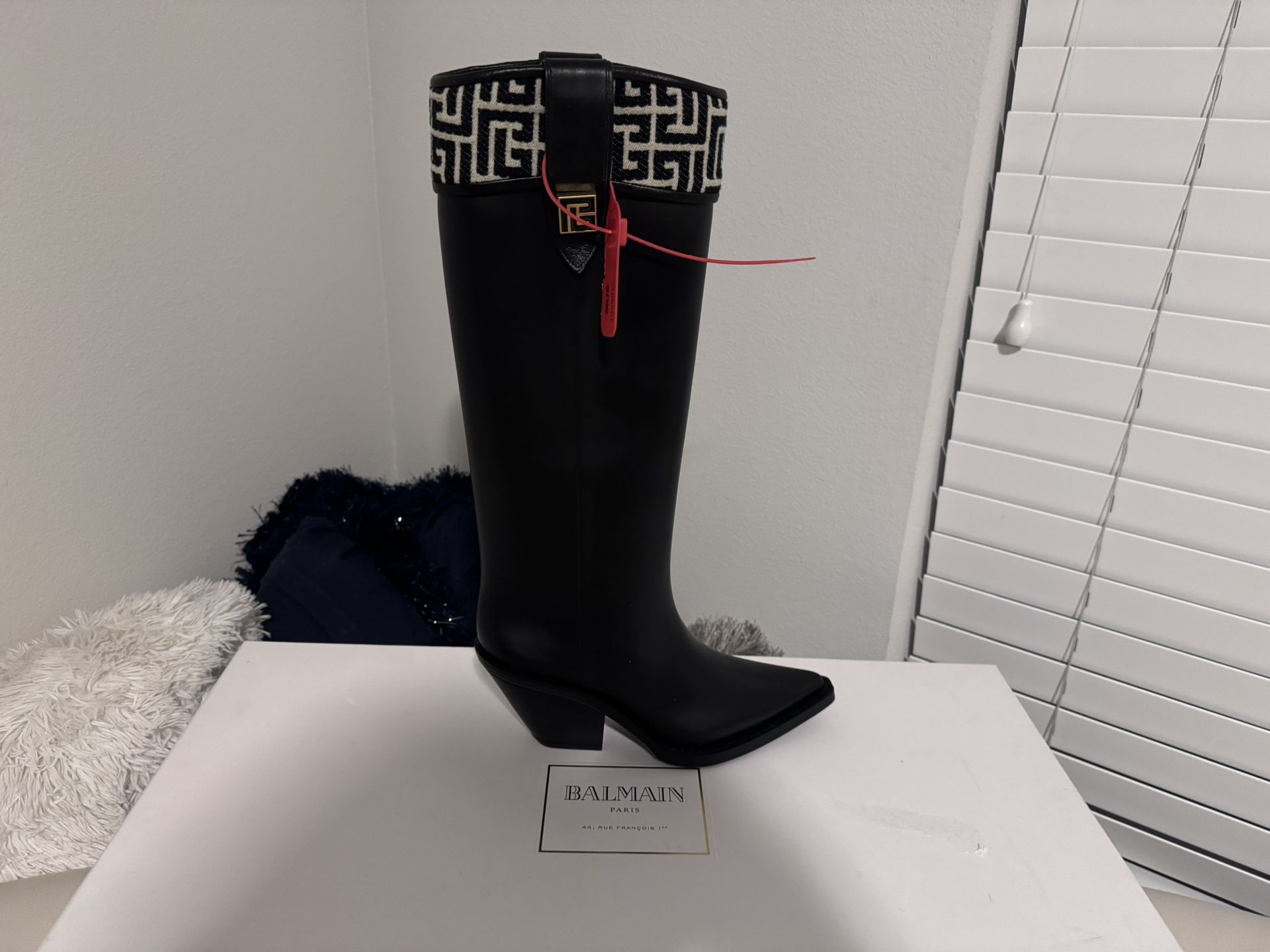 Balmain Paris Knee-High Rain Boots β Black w/ Monogram Trim