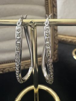 Sterling Silver ~2.4MM Wide Diamond Dust Curved Oval Hoop Earrings 