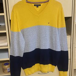 Men’s Tommy Hilfiger V-Neck Sweatshirt Size L Gray/Blue/Yellow