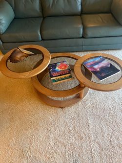 Round Oak and Glass Coffee Table and End Table