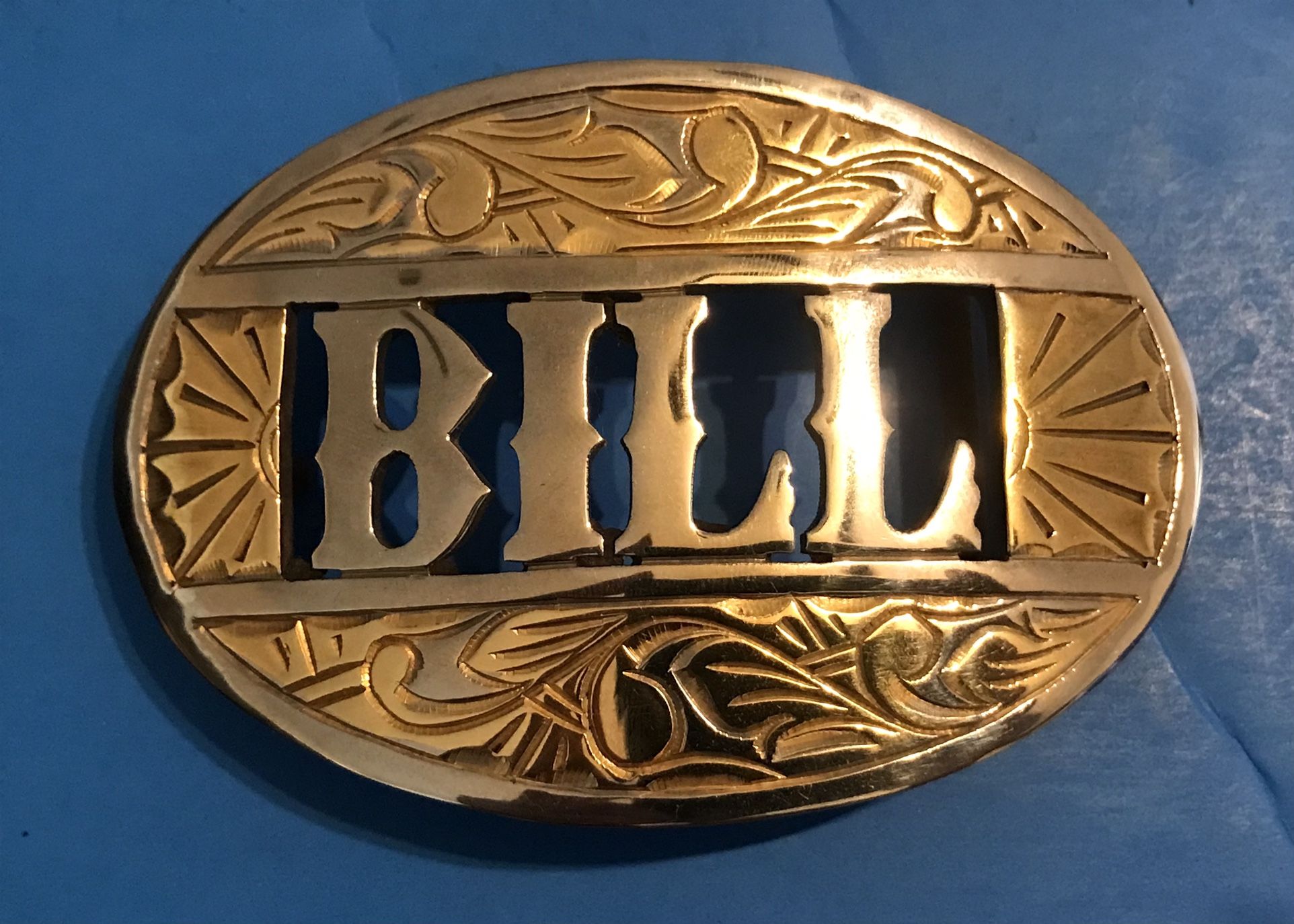 NIce vintage belt buckle, gold wash on silver tone “BILL”