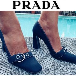Prada Calzature Donna Black Linen & Leather Buckle Heels I 40 (US 10)