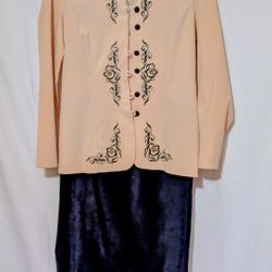 Karin Stevens Embroidered Peach Blazer With Blue Black Skirt Set and Shoulder Pads