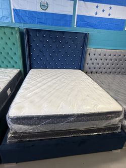Queen bed frame black or blue wit mattress set