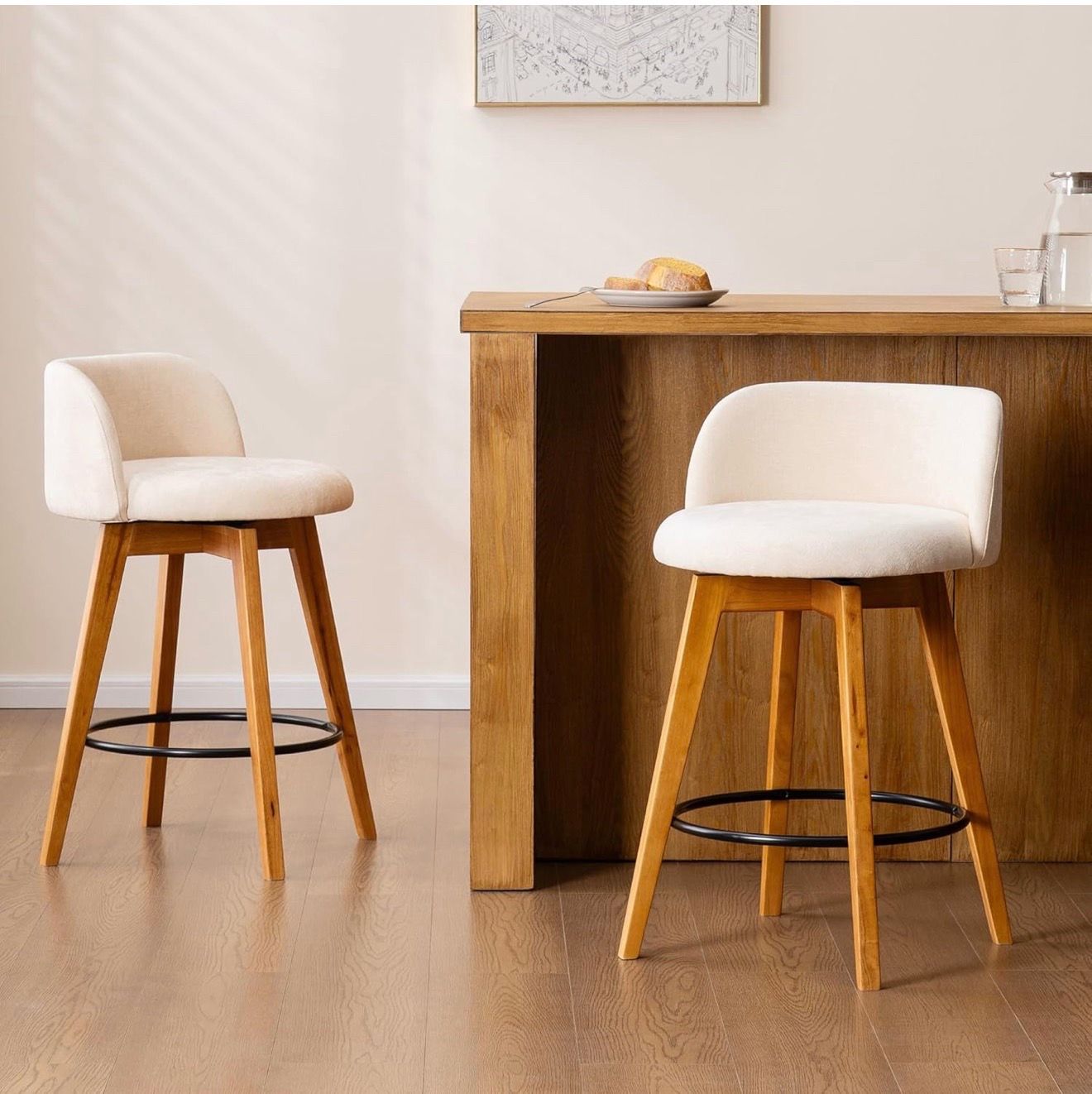 Set of 2 Farmhouse Fabric Beige Counter Stools