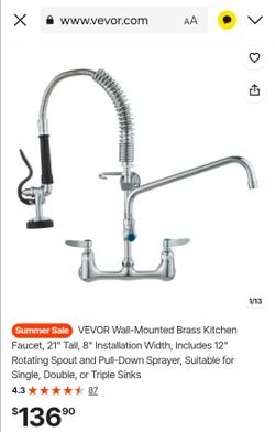VEVOR Wall-Mounted Brass Kitchen Faucet, 21" Tall, 8" Installation Width, Includes 12" Rotating Spout and Pull-Down Sprayer, Suitable for Single, Doub