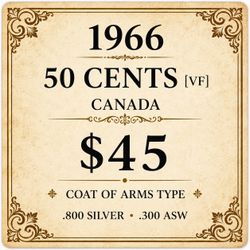 1966 Canada 50 Cents Silver Coin | Coat of Arms Type | Elizabeth II Half Dollar