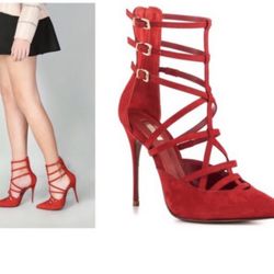 Schutz Paluda Caged Pumps Heels Red suede Leather Stilettos Size 6 Women