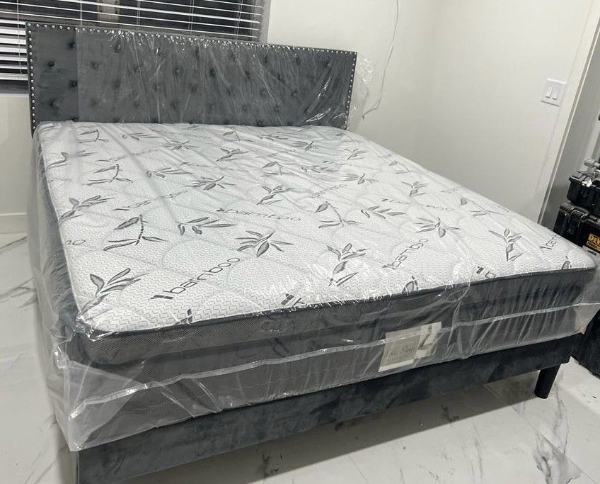 NEW BED FRAME KING SIZE WITH MATTRESS AND BOX SPRING 