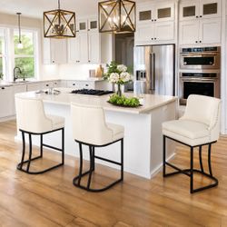 26''H Faux Leather Upholstered Counter Height Bar Stool, Ivory (Set of 3)