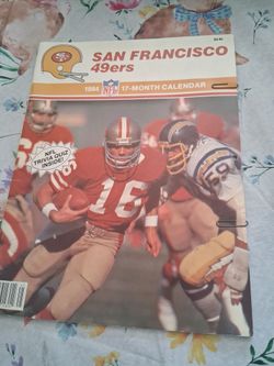 1984 san Francisco 49ers 17 month calendar with pics and trivia also vintage bumper sticker