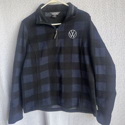 Women Volkswagen VW blue black plaid quarter zip Landway mediums long sleeve warm sweater 