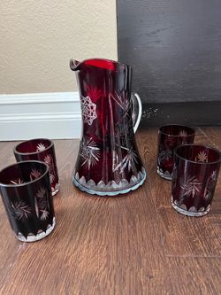 Vintage Bohemian Ruby Cut-to-Clear Crystal Pitcher & 4 Glasses