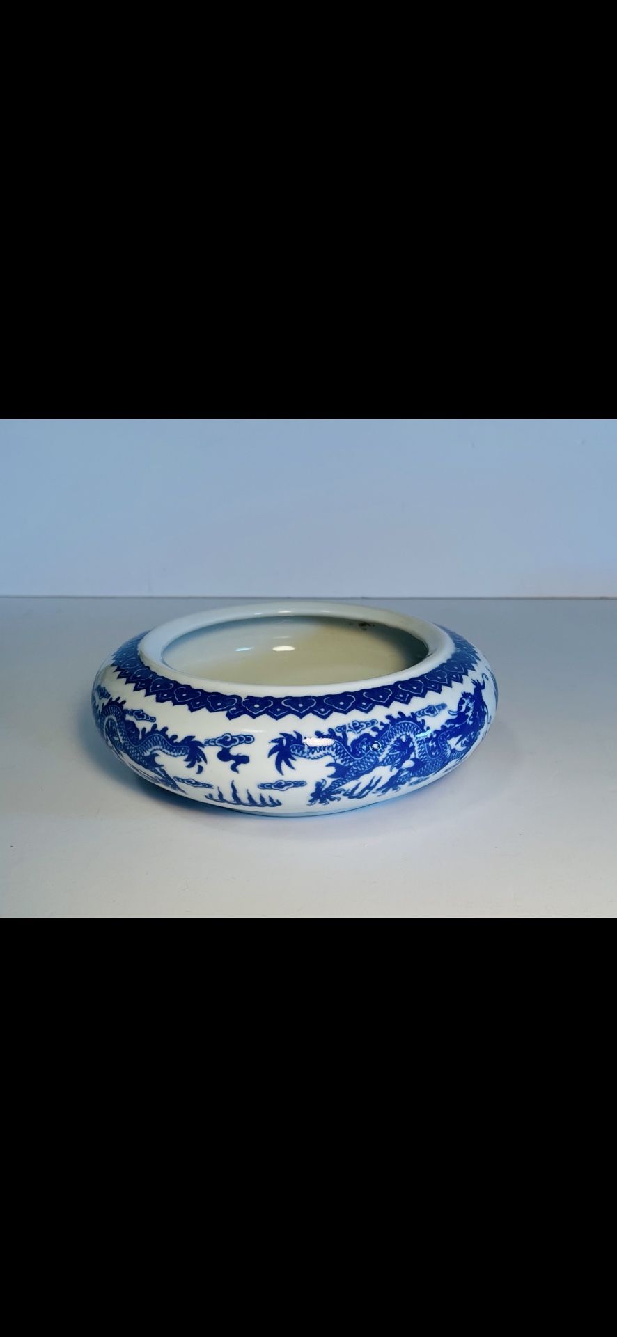 Vintage Chinese Blue & White Porcelain Bowl Dragon Motif - marked Qian