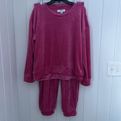 Valentine’s Day Outfit M Magaschoni top Jogger pant Set women L pink rhinestone heart velour