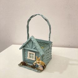 Easter Basket Decor Item w/ Resin Bunnies & Wood House Front 5” x 6” x 10”H