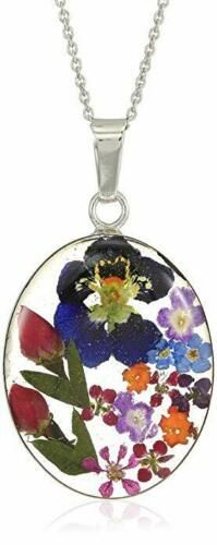 Sterling Silver Genuine Real Pressed Flower Oval Pendant Necklace, 18"