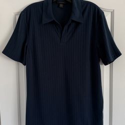 Express Men Medium Navy Blue Collared V Neck Buttonless Polo Short Sleeve Shirt