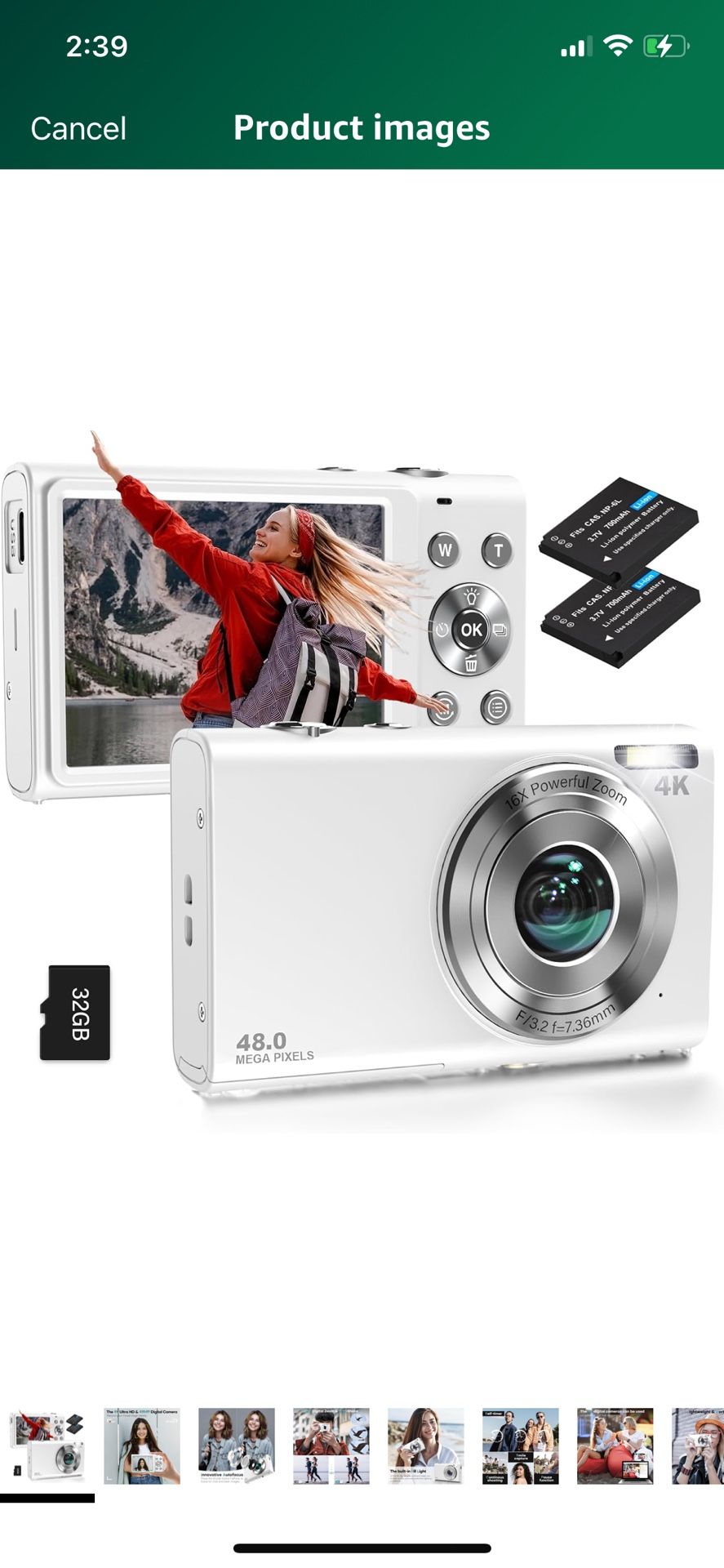 Digital Camera, Autofocus UHD 4K Vlogging Camera with 32GB Card, 48MP 16X Digital Zoom Digital Camera, Anti-Shake Portable YouTube Compact Point Shoot