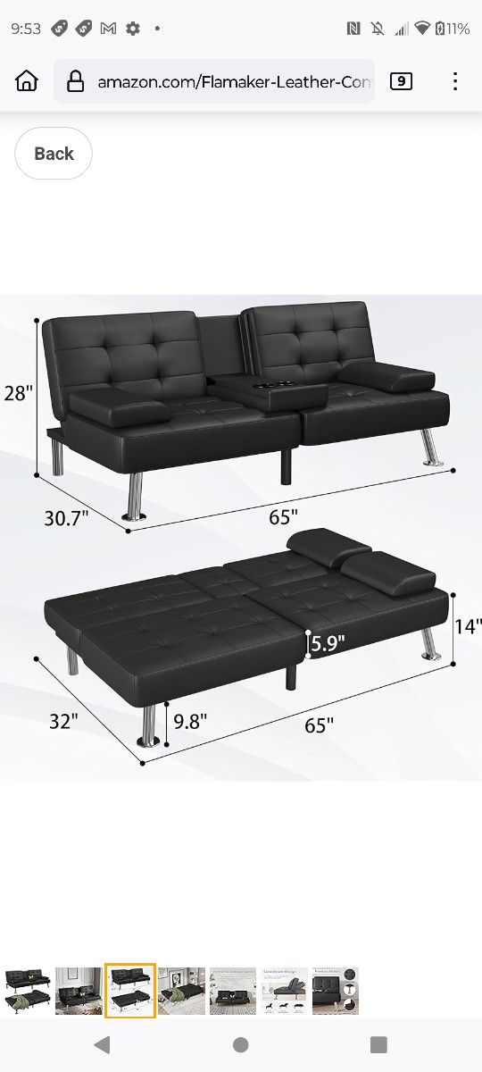 Used Black Sofa Futon Foldable Cup Holders