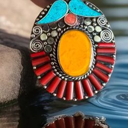 Elegant Handcrafted Ethnic Tibetan & Navajo Style Fruit Shape Pendant With Stones Set In Silver 3”in & 50gfams