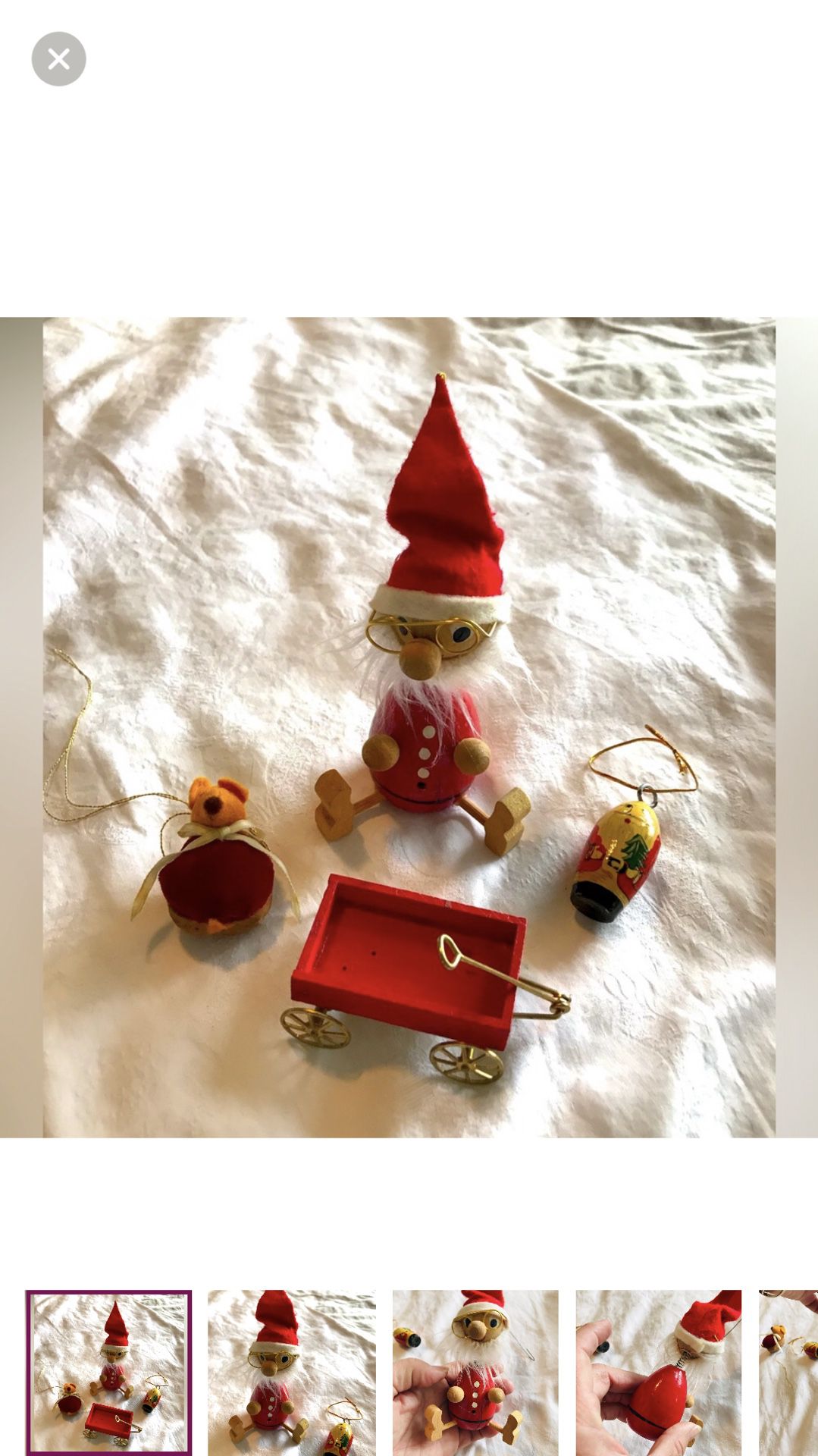 Vintage wooden Santa bobble head and Christmas ornaments