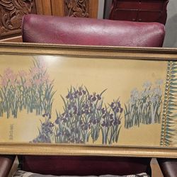 Framed Chinese Textile Iris Flowers 32x15