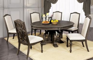 Brand New Natural Tone & Ivory Upscale 7pc Formal Dining Table Set