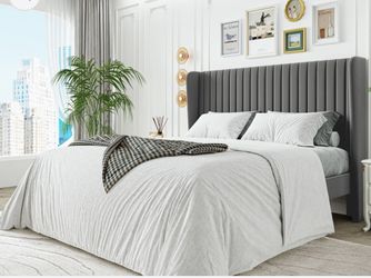 King Size Velvet Platform Bed Frame – Wingback Headboard
