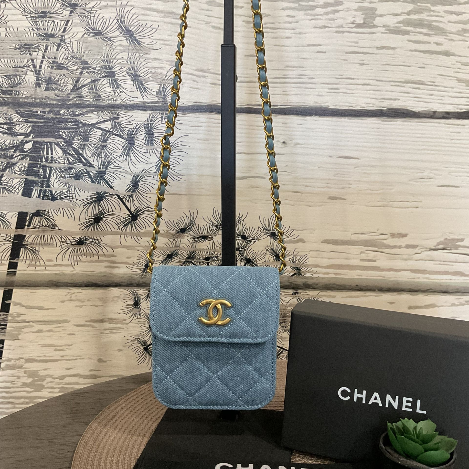 Quilted Denim Bag With Chain Strap