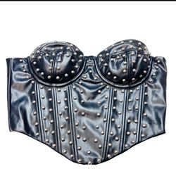 Windsor Halter Corset Top Small Black Leather Strapless Metal Studded All Over