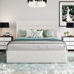 White Velvet Queen Size Bed Frame With Lift Top Storage 