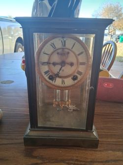 Antique  Ansonia Victorian Brass And Glass Open Encaoement Crystal Regulater Clock near Mint Condition 